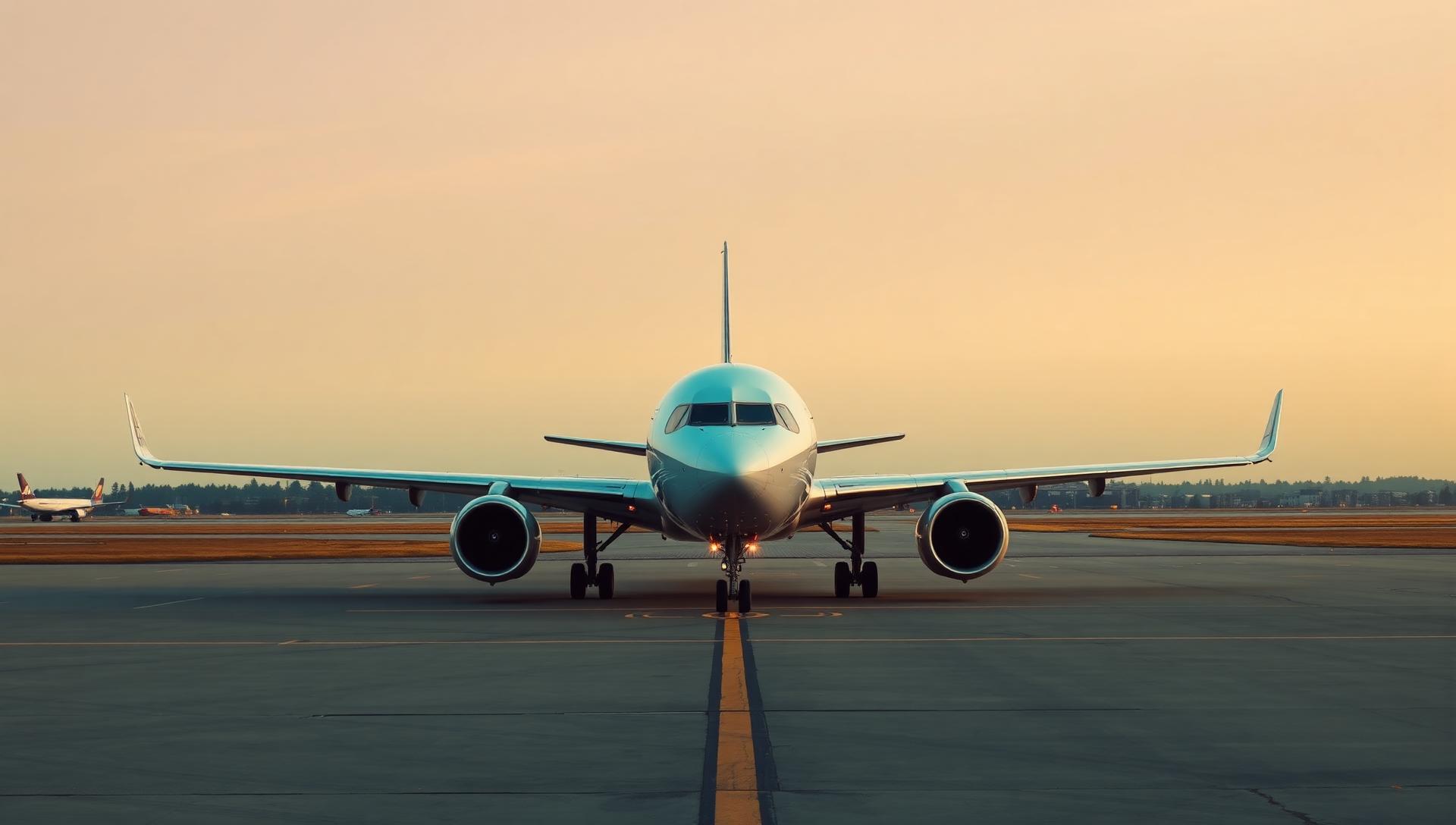 Commercial airliner on the tarmac at dawn